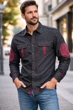 Inserch Men's Charcoal Grey Denim Shirt with Maroon Micro Suede Elbow Patches an